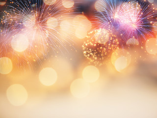 new year background with fireworks and holiday lights