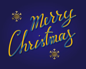 Fototapeta na wymiar Merry Christmas gradient luminous lettering with golden snowflakes. Holiday greeting card design.