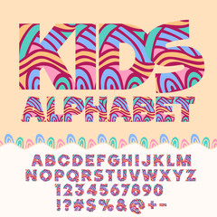 Fototapeta na wymiar Children bright motley pattern Alphabet set. Colorful Letters, Numbers and Punctuation Symbols