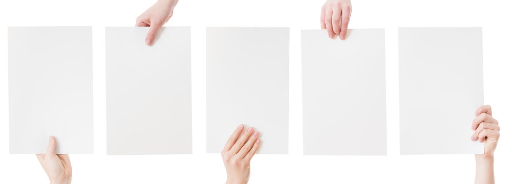 hands holding blank paper isolated