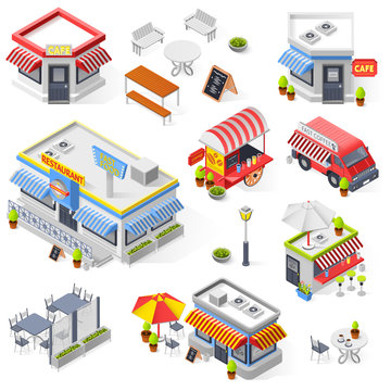 Set Of Street Restaurant And Cafe Isometric Icons