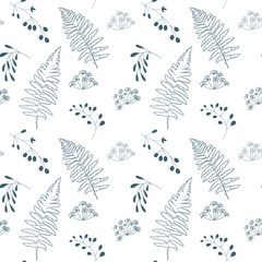 Fototapeta na wymiar Vector botanical seamless pattern with stylized berries, fern leaves and dill flowers.