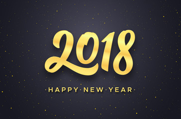 Happy New Year text and gold calligraphic number 2018 on black background with glitters. Greeting card design with lettering for winter holidays. Vector illustration