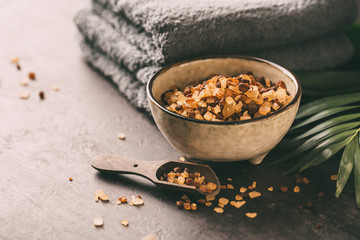 Natural bath salt, organic products, selective focus.