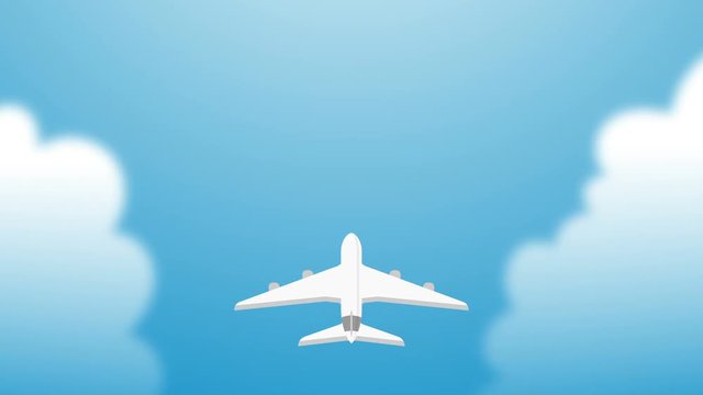 Airplane flying on the sky with clouds loop animation 4K on blue gradient background with alpha channel