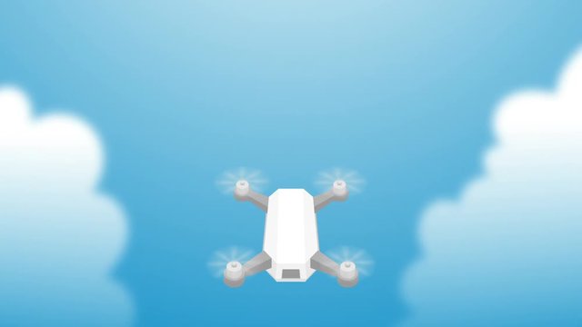 Drone flying on the sky with clouds loop animation 4K on blue gradient background with alpha channel