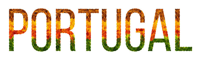 word portugal country is written with leaves on a white insulated background, a banner for printing, a creative developing country colored leaves portugal