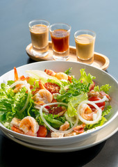 caesar salad with shrimp, three choices of dressing, colorful and delicious healthy meal