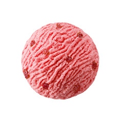 Strawberry ice cream scoop with strawberry pieces, red raspberry sorbet ice-cream ball with strawberries red fruit
