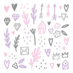 Set of love romantic design elements. Glitter effect. Vector hand drawn illustration