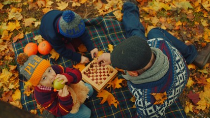 Little boys are playing chess with his grandfather in the autumn park under the big tree