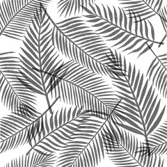 Black and white tropical leaves background. Vector seamless pattern.