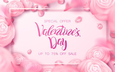 Happy holidays: Valentines day 14 february, Mothers or Womens day 8 march background with roses, gifts and hearts. 3d Vector illustration. Romantic Wallpaper, wedding design for flyers, banners.