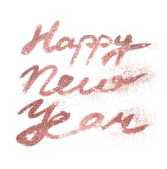 Card with text Happy New Year of pink gold glitter on white background. 