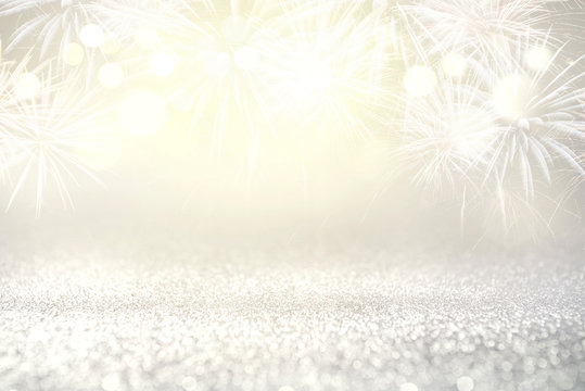 Vintage Fireworks and bokeh in New Year eve and copy space. Abstract background holiday.