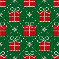 Christmas Seamless Knit Pattern with Holiday Symbols: Snowflakes and Present Boxes. Scheme for Knitted Sweater Pattern Design or Cross Stitch Embroidery
