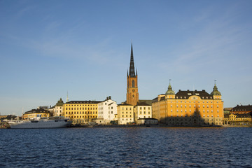 Fototapeta premium Stockholm waterfront Riddarholmen, The Knights' Islet, in pale midwinter sunshlne