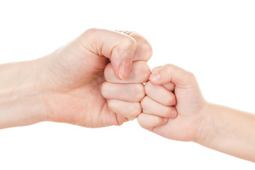 Woman and baby playing love competition with hand together isolated on white, love and family