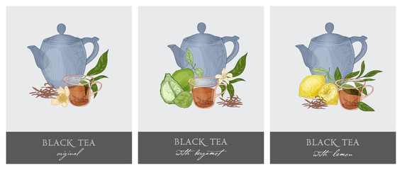 Bundle of elegant labels with teapot, glass cup, black tea leaves, flowers, bergamot fruit and lemon. Hand drawn collection of aromatic beverages. Colorful vector illustration in retro style.