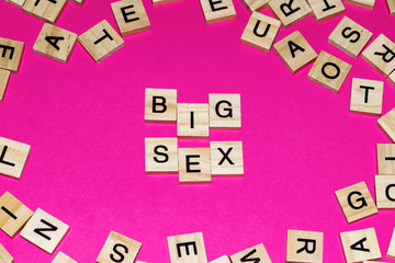 Wooden blocks on a pink background spelling words Big Sex