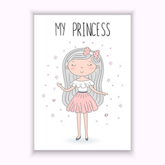 My princess card. Cute hand drawn with cute little princess . rintable template
