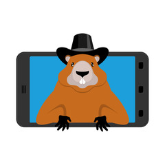 Groundhog Day. Marmot in phone. woodchuck in gadget. Online holiday. Rodent aristocrat. Illustration for National feast