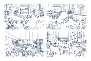 Collection of monochrome drawings of cafe interiors with modern furnishings. Bundle of hand drawn sketches of restaurants furnished in loft style. Vector illustration in black and white colors.