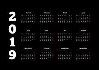2019 year simple white calendar on german language on black