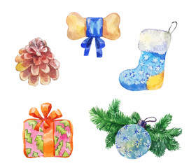 Watercolor new year icons. Christmas set