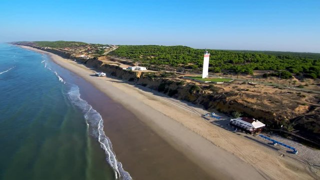Matalascañas. Drone en playa Matalascañas o Torre de la Higuera, poblacion de costa de Almonte en la provincia de Huelva (Andalucía,España) Video aereo