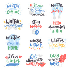 Winter Hello logo vector badge text letters motivation welcome wintertime phrases and quotes