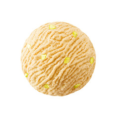 Peach ice cream scoop with pistachio nuts pieces, orange apricot sorbet ice-cream ball with nuts pistacchio