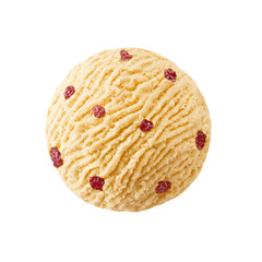 Peach ice cream scoop with strawberry pieces, orange apricot sorbet ice-cream ball with strawberries red fruit