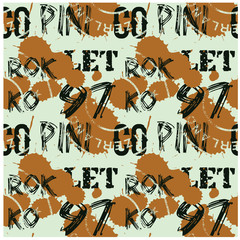 Letters and numbers abstract seamless pattern for web, textile and print. Stains and postage stamps on pattern.