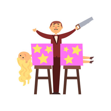 Magician Sawed Assistant Body Into Two Halves. Trick With Magic Box. Cartoon Man Character In Elegant Suit With Saw In Hand. Curly-haired Blond Woman. Flat Vector Design