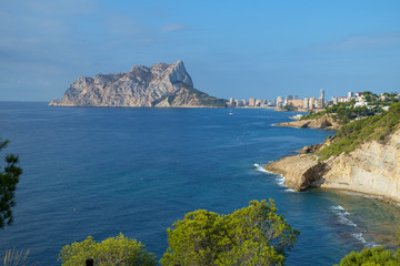 Calpe Rock seen from the Costa Blanca coastline between Calpe and Moraira, Spain.