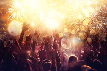 cheering crowd watching fireworks - new year concept - obrazy, fototapety, plakaty