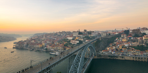 The oldtown skyline at Sunset from Dom Luis Bridge, Douro River, Porto, Portugal, Iberian Peninsula, Europe