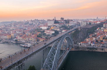 The oldtown skyline at Sunset from Dom Luis Bridge, Douro River, Porto, Portugal, Iberian Peninsula, Europe