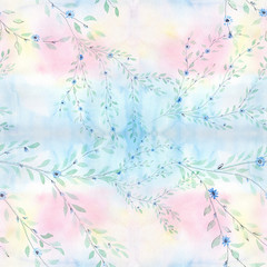 Fototapeta na wymiar Branch with small leaves. Decorative compositionon the background of watercolor. Floral motifs. Seamless pattern. Use printed materials, signs, items, websites, maps, posters, postcards, packaging.