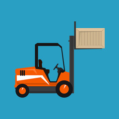 Forklift Truck Isolated on a Blue Background, Orange Vehicle Forklift Lifted the Box Up, Vector Illustration