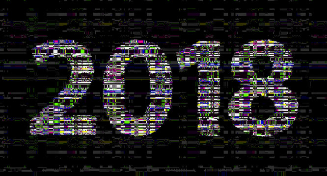 Glitch new year sign. 2018 celebration logo. Computer screen error. Digital pixel abstract holiday design. Video game glitch. Television signal fail. Technical problem grunge.