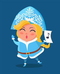 Snow Maiden in Warm Winter Cloth with Music Sign