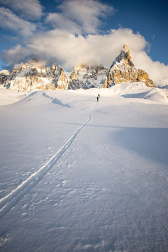Backcountry ski touring in the Italian Dolomites.