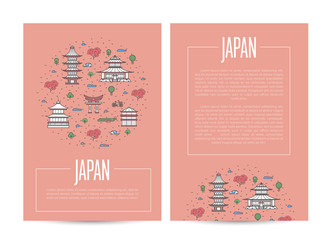 Naklejka premium Japan country traveling advertising with famous monuments. Touristic trip vector layout for travel agency, asian tourism. Japanese architectural landmarks and traditional symbols in linear style.