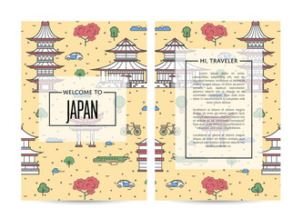 Japan traveling banners set with famous monuments and space for text. Touristic tour vector advertising for travel agency. Japanese architectural landmarks and traditional symbols in linear style.