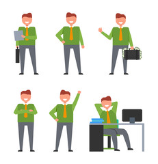 Set of Icons Depicting Smiling Businessman at Work