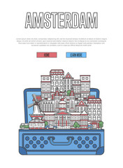 Amsterdam city poster with famous architectural attractions in open suitcase. Worldwide traveling and time to travel vector. Amsterdam landmarks, european touristic tour concept in linear style.