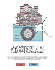 Obraz premium Travel Amsterdam poster with famous architectural attractions on big camera. European traveling advertising, time to travel vector in linear style. Amsterdam historic landmarks, holland tourism
