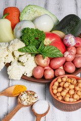 Raw ingredients for vegetable stew with chickpeas. Vegan dish